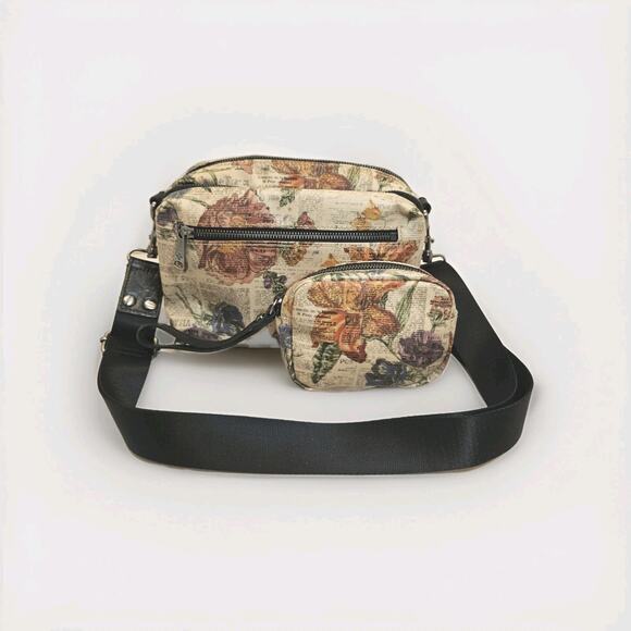 Patricia Nash Piper Coated Canvas Crossbody w/Pouch-Parisian Floral Newspaper - Picture 1 of 16